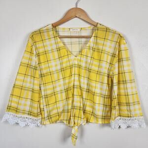 Paper + Tee Yellow Plaid Tie-Front Crop Top Women’s Medium Lace Preppy Dollcore